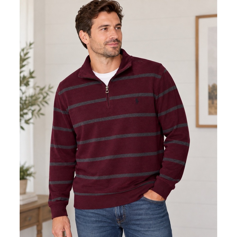 Polo Ralph Lauren Men's Quarter Zip Pullover Sweater Burgundy Striped Size Large